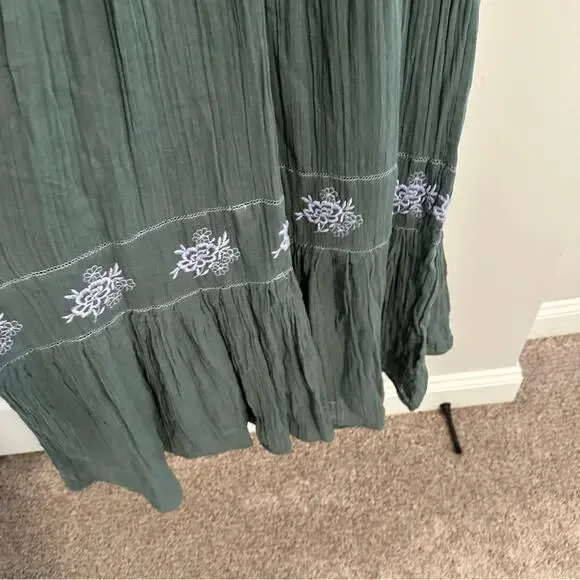Free People Green Blue Cotton Gauze Floral Embroidered Maxi Dress Small - Picture 10 of 13
